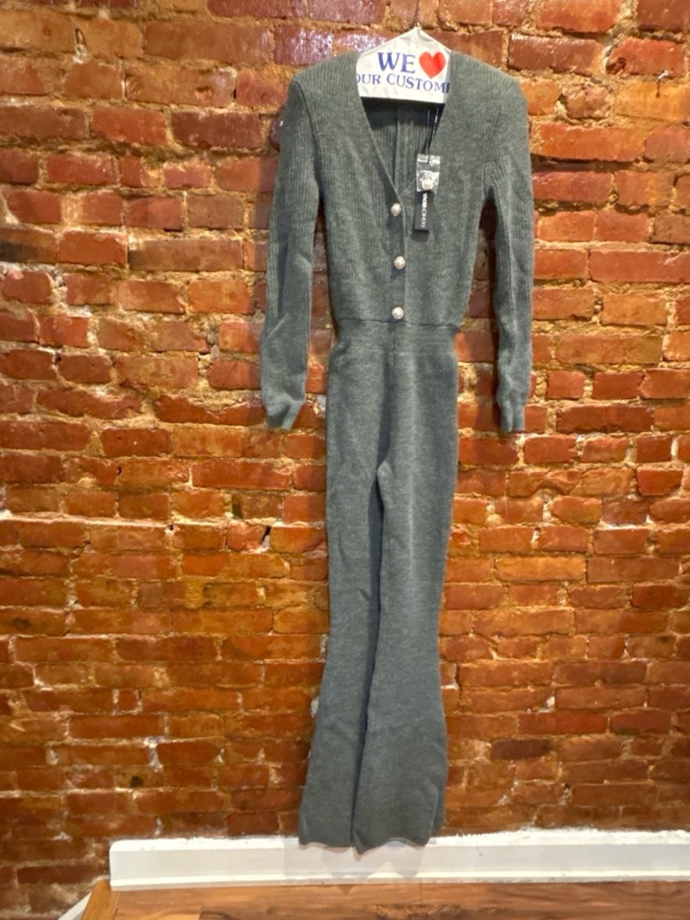 Ribbed Gray Knit Long-Sleeve Jumpsuit with Button Front